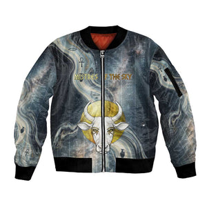 Hesat Celestial Cow Egyptian Sleeve Zip Bomber Jacket with Mythic Sky Motif in Cosmic Theme