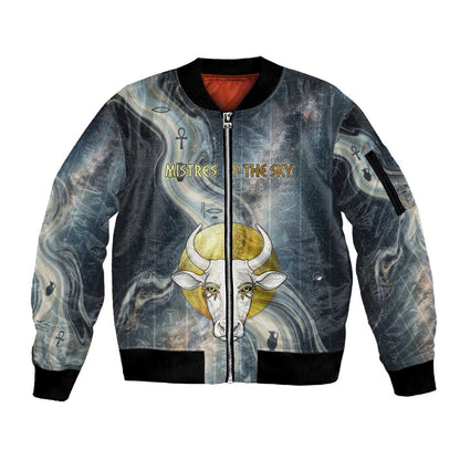 Hesat Celestial Cow Egyptian Sleeve Zip Bomber Jacket with Mythic Sky Motif in Cosmic Theme