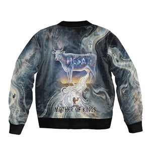 Hesat Celestial Cow Egyptian Sleeve Zip Bomber Jacket with Mythic Sky Motif in Cosmic Theme