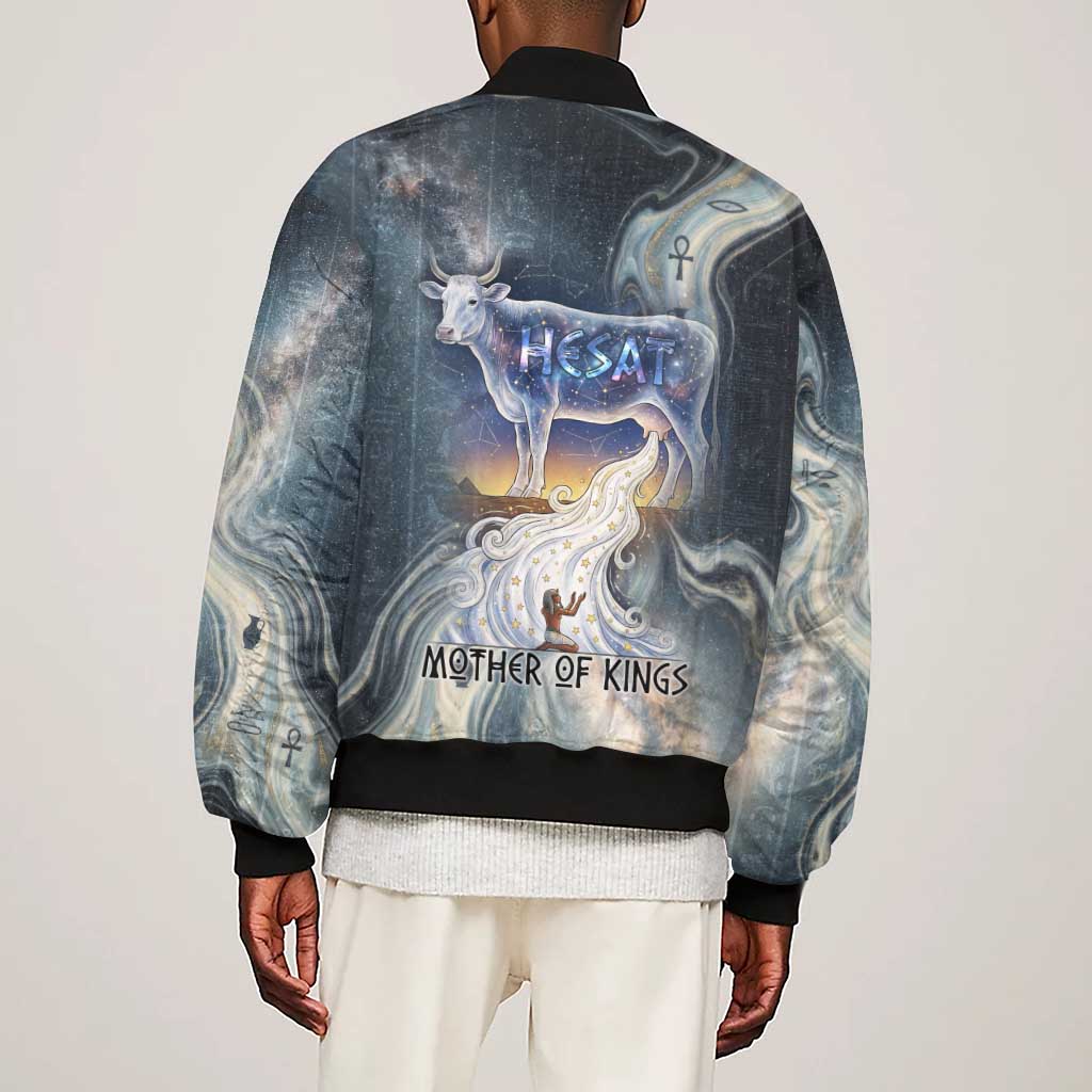 Hesat Celestial Cow Egyptian Sleeve Zip Bomber Jacket with Mythic Sky Motif in Cosmic Theme