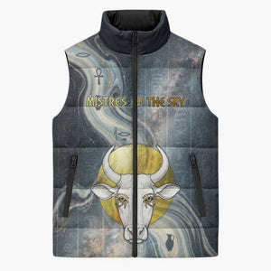 Hesat Celestial Cow Egyptian Sleeveless Puffer Jacket with Mythic Sky Motif in Cosmic Theme