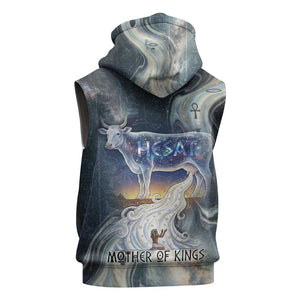 Hesat Celestial Cow Egyptian Sleeveless Zip Hoodie with Mythic Sky Motif in Cosmic Theme