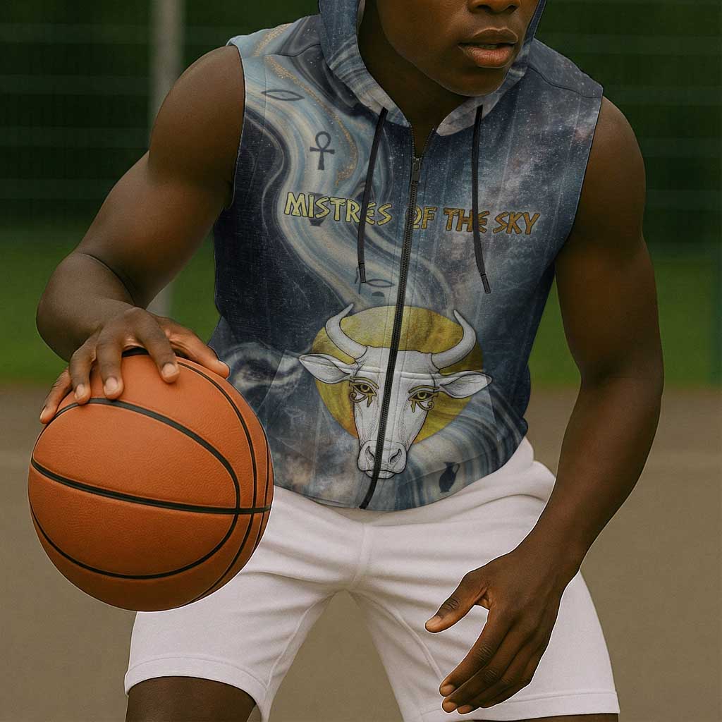 Hesat Celestial Cow Egyptian Sleeveless Zip Hoodie with Mythic Sky Motif in Cosmic Theme