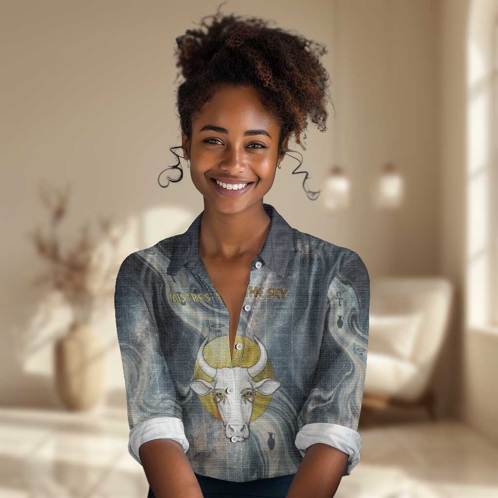 Hesat Celestial Cow Egyptian Women Casual Shirt with Mythic Sky Motif in Cosmic Theme