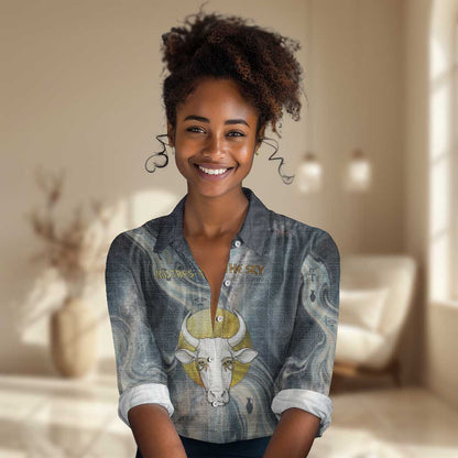 Hesat Celestial Cow Egyptian Women Casual Shirt with Mythic Sky Motif in Cosmic Theme