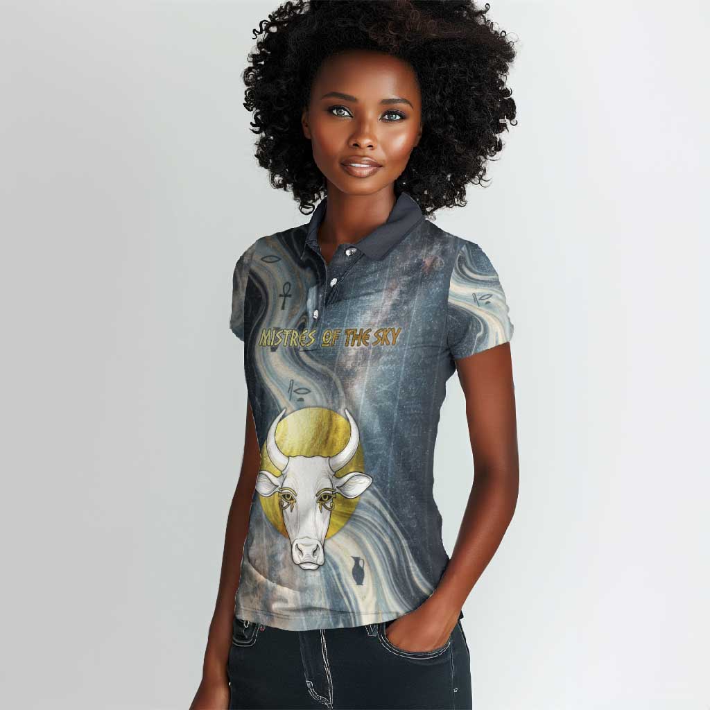 Hesat Celestial Cow Egyptian Women Polo Shirt with Mythic Sky Motif in Cosmic Theme