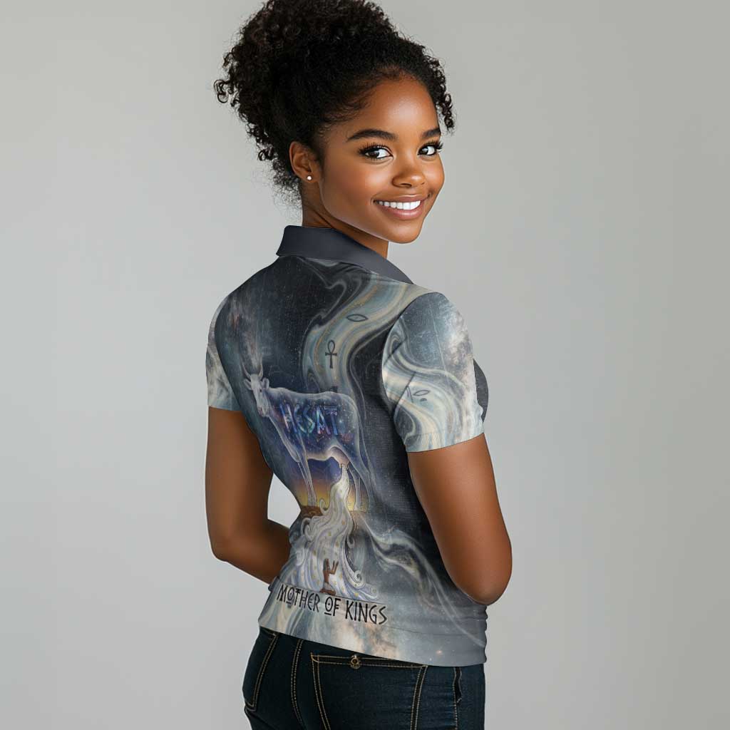 Hesat Celestial Cow Egyptian Women Polo Shirt with Mythic Sky Motif in Cosmic Theme