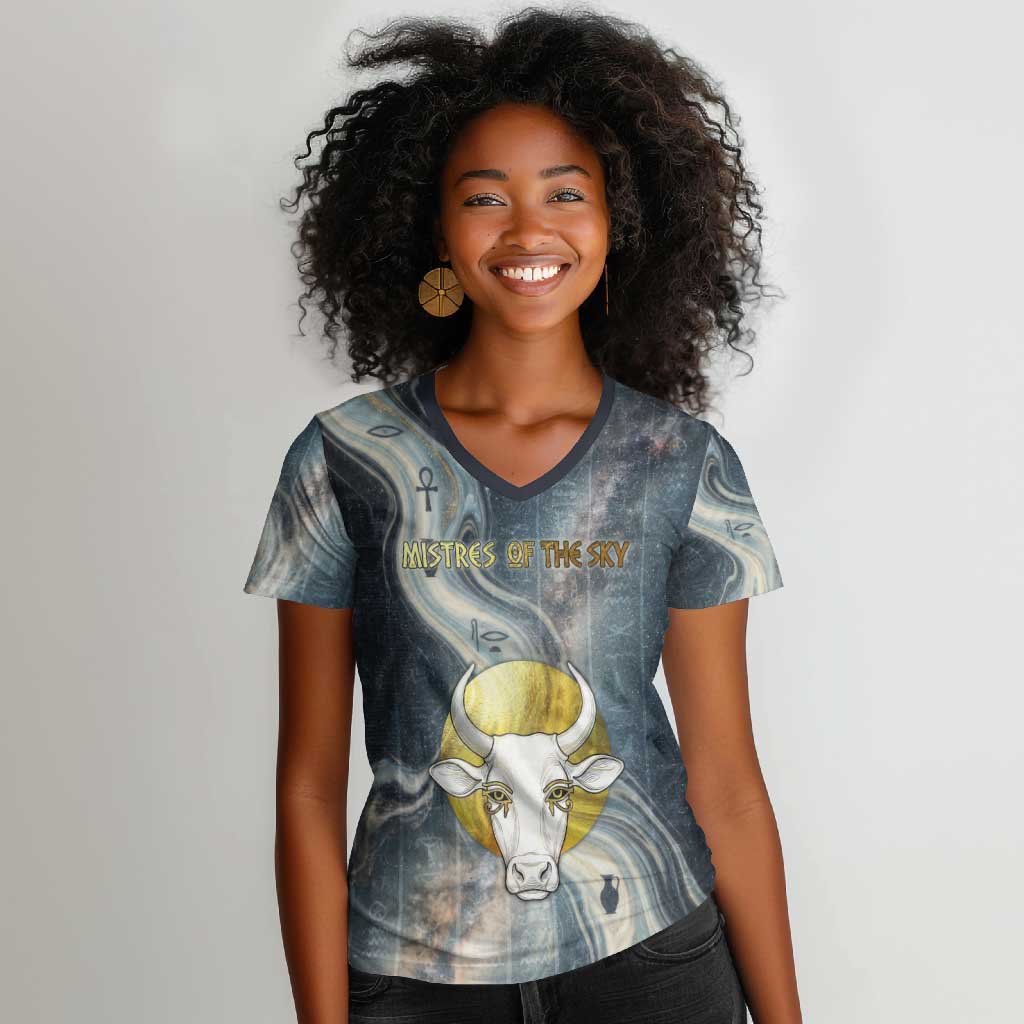 Hesat Celestial Cow Egyptian Women V-Neck T-Shirt with Mythic Sky Motif in Cosmic Theme