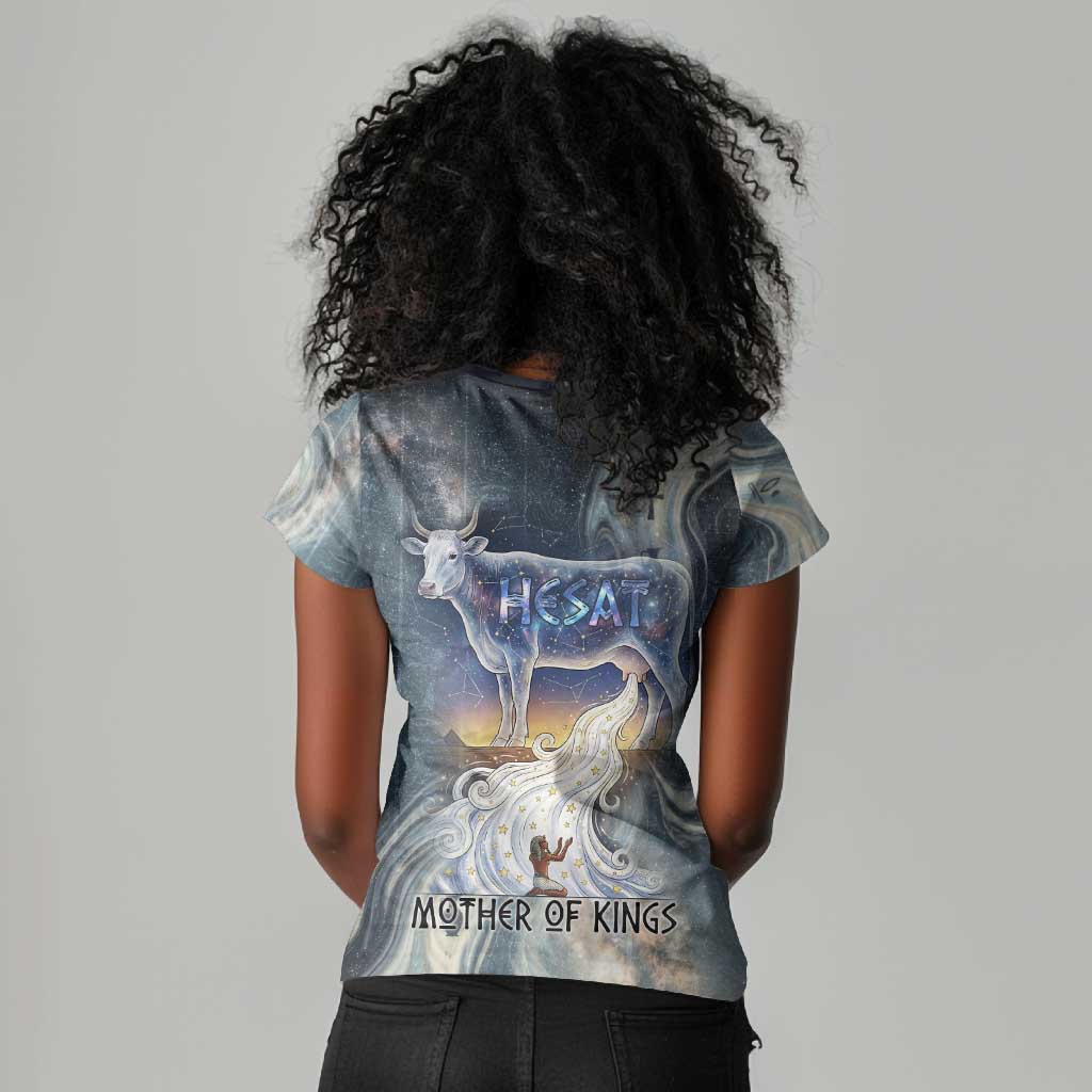 Hesat Celestial Cow Egyptian Women V-Neck T-Shirt with Mythic Sky Motif in Cosmic Theme
