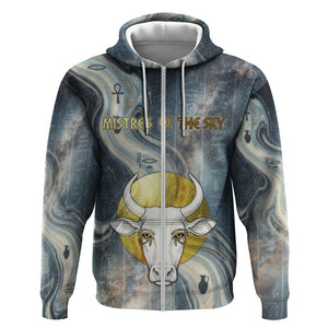 Hesat Celestial Cow Egyptian Zip Hoodie with Mythic Sky Motif in Cosmic Theme