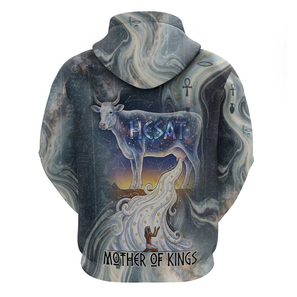 Hesat Celestial Cow Egyptian Zip Hoodie with Mythic Sky Motif in Cosmic Theme