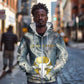 Hesat Celestial Cow Egyptian Zip Hoodie with Mythic Sky Motif in Cosmic Theme