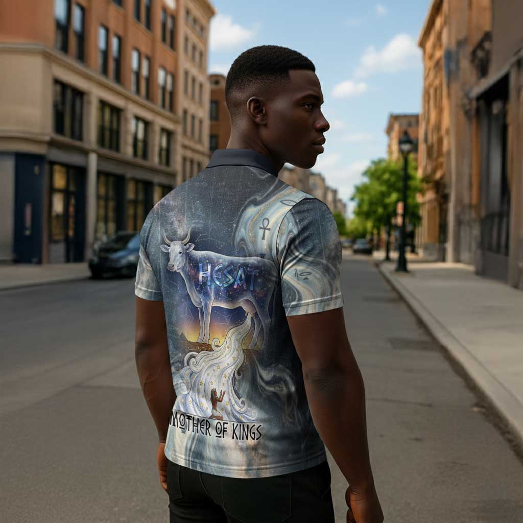 Hesat Celestial Cow Egyptian Zipper Polo Shirt with Mythic Sky Motif in Cosmic Theme