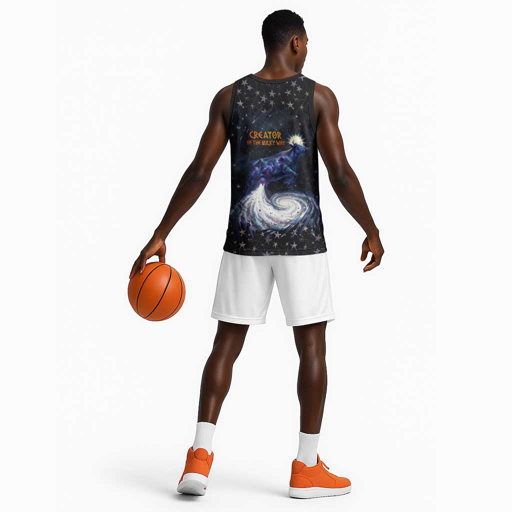 Hesat Solar Horn Symbol Basketball Jersey Egyptian Cosmic Cow in Starry Milky Way