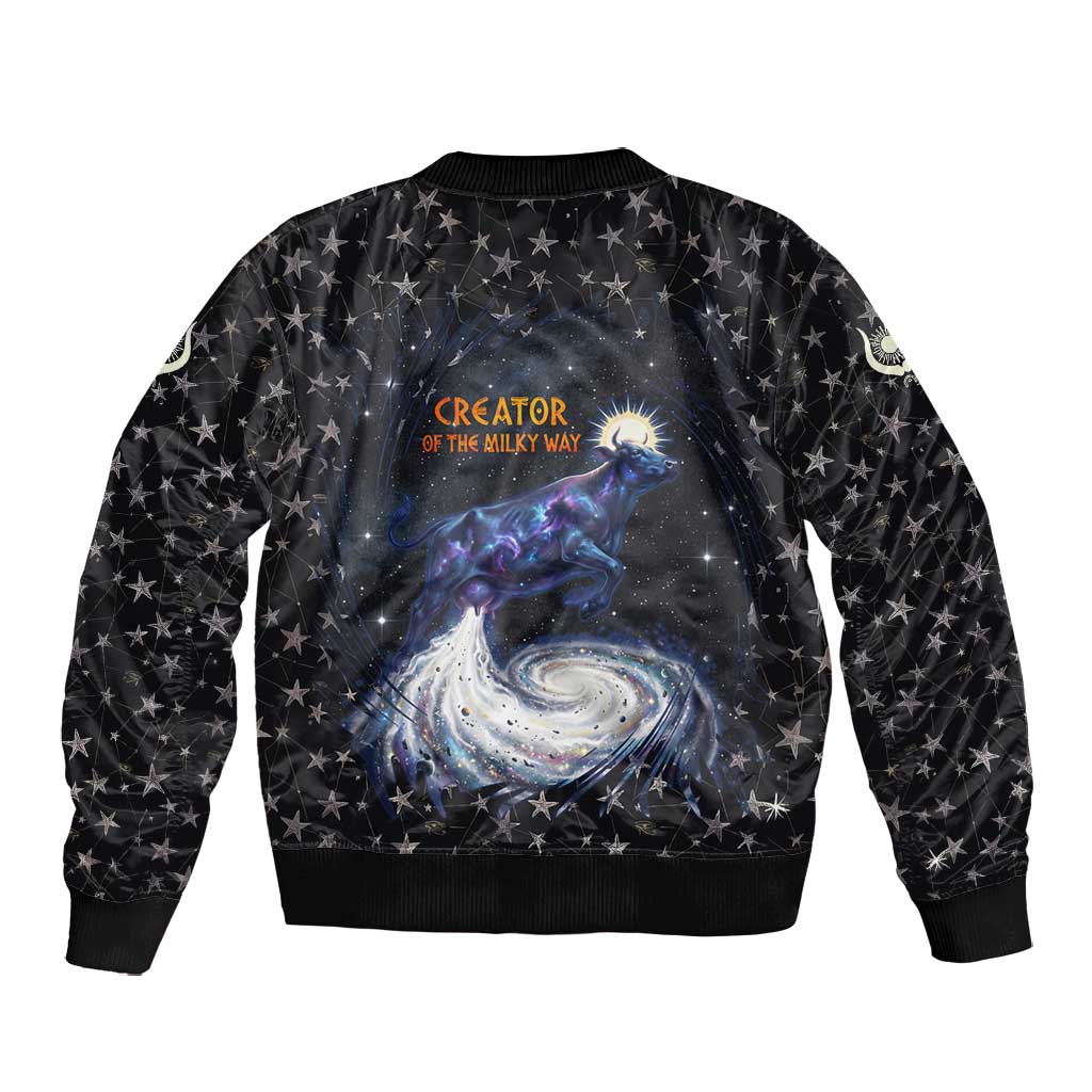 Hesat Solar Horn Symbol Bomber Jacket Egyptian Cosmic Cow in Starry Milky Way