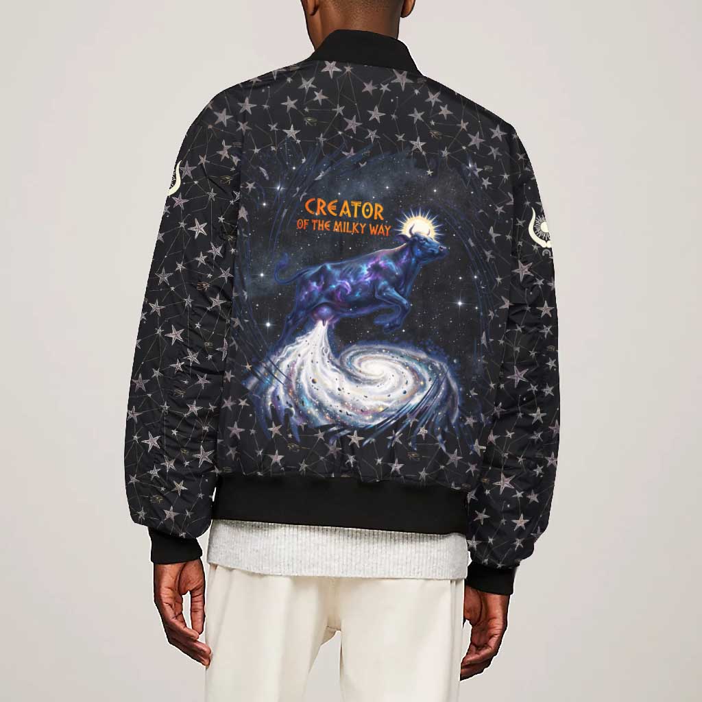 Hesat Solar Horn Symbol Bomber Jacket Egyptian Cosmic Cow in Starry Milky Way