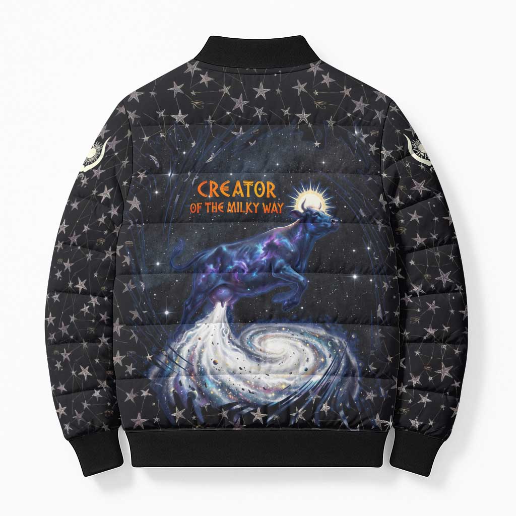 Hesat Solar Horn Symbol Bomber Puffer Jacket Egyptian Cosmic Cow in Starry Milky Way
