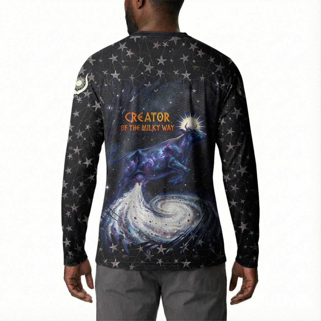 Hesat Solar Horn Symbol Button Sweatshirt Egyptian Cosmic Cow in Starry Milky Way
