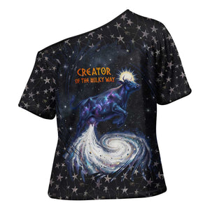 Hesat Solar Horn Symbol Cross Shoulder Shirt Egyptian Cosmic Cow in Starry Milky Way