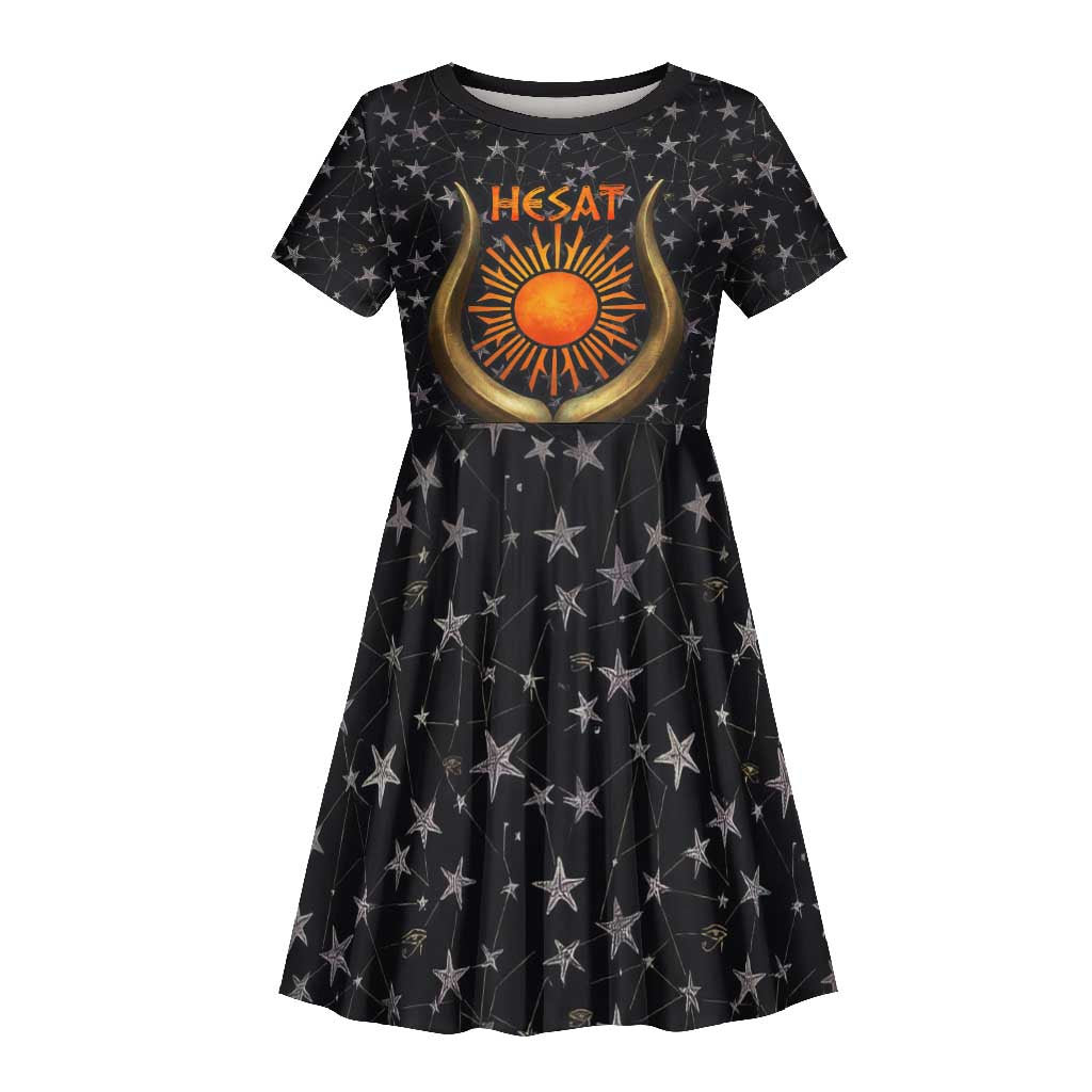Hesat Solar Horn Symbol Kid Short Sleeve Dress Egyptian Cosmic Cow in Starry Milky Way