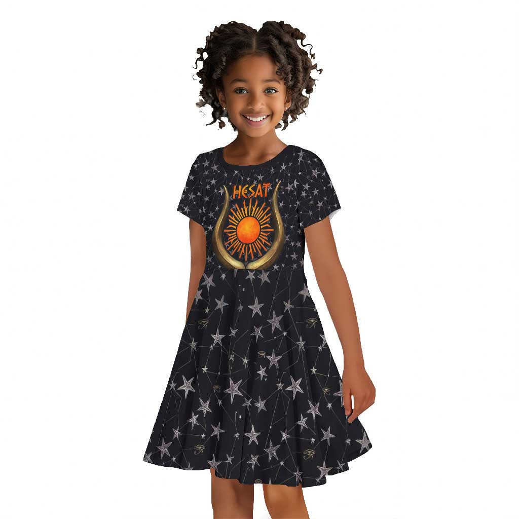 Hesat Solar Horn Symbol Kid Short Sleeve Dress Egyptian Cosmic Cow in Starry Milky Way