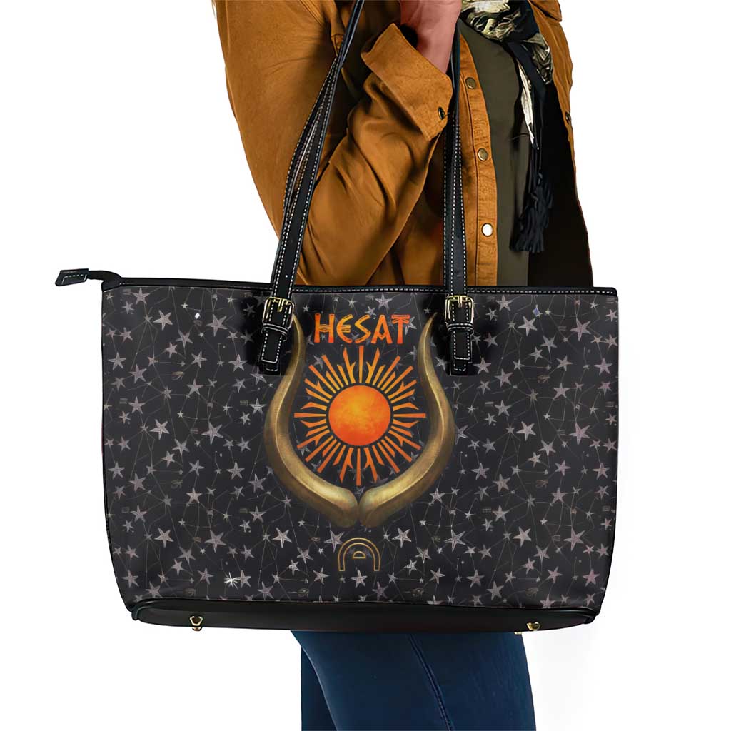 Hesat Solar Horn Symbol Leather Tote Bag Egyptian Cosmic Cow in Starry Milky Way