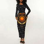Hesat Solar Horn Symbol Long Sleeve Bodycon Dress Egyptian Cosmic Cow in Starry Milky Way