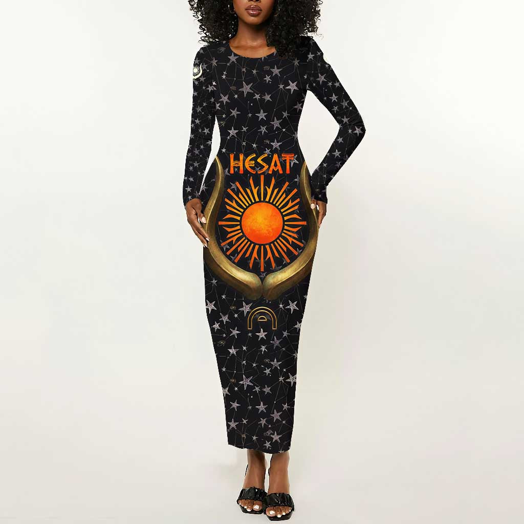 Hesat Solar Horn Symbol Long Sleeve Bodycon Dress Egyptian Cosmic Cow in Starry Milky Way