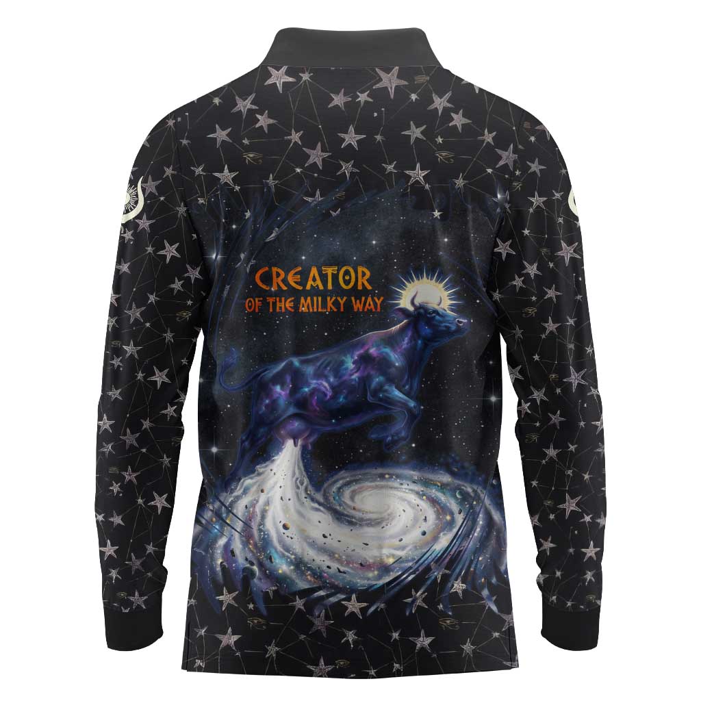 Hesat Solar Horn Symbol Long Sleeve Polo Shirt Egyptian Cosmic Cow in Starry Milky Way
