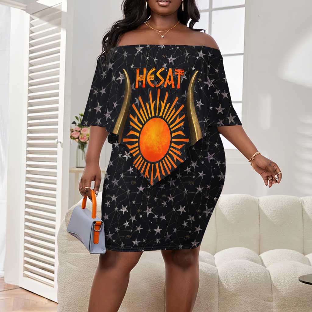 Hesat Solar Horn Symbol Off Shoulder Short Dress Egyptian Cosmic Cow in Starry Milky Way