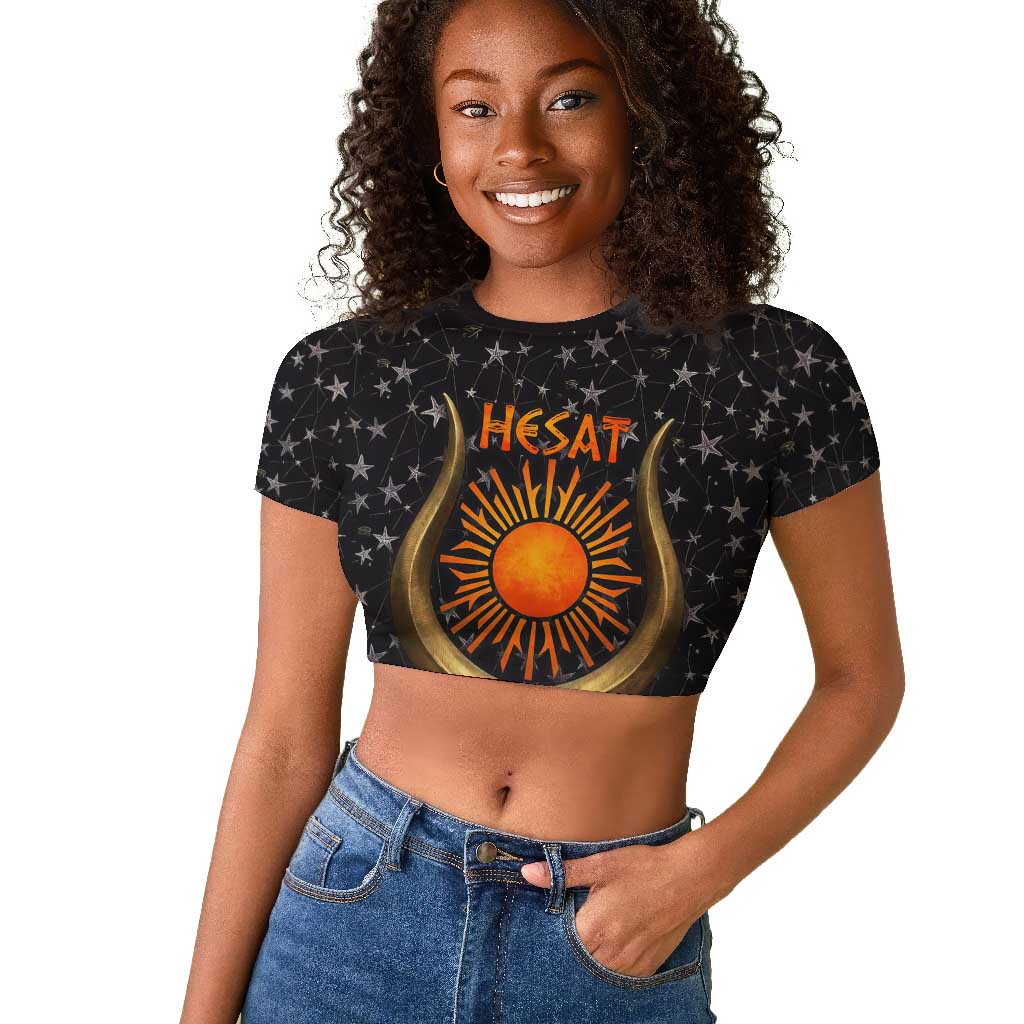 Hesat Solar Horn Symbol Raglan Cropped T shirt Egyptian Cosmic Cow in Starry Milky Way