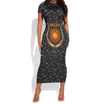 Hesat Solar Horn Symbol Short Sleeve Bodycon Dress Egyptian Cosmic Cow in Starry Milky Way