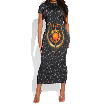 Hesat Solar Horn Symbol Short Sleeve Bodycon Dress Egyptian Cosmic Cow in Starry Milky Way