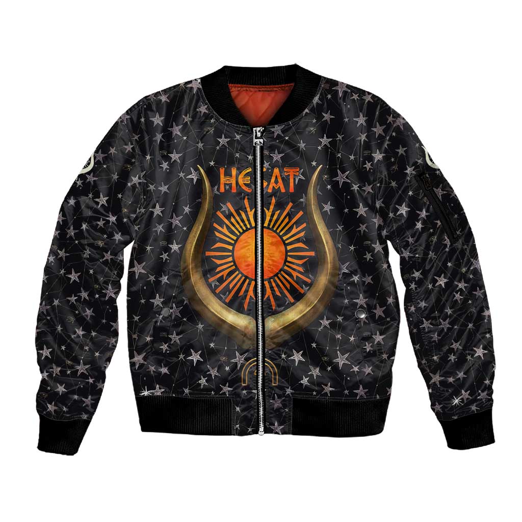 Hesat Solar Horn Symbol Sleeve Zip Bomber Jacket Egyptian Cosmic Cow in Starry Milky Way
