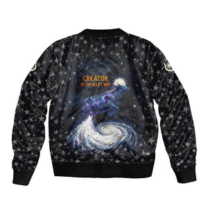 Hesat Solar Horn Symbol Sleeve Zip Bomber Jacket Egyptian Cosmic Cow in Starry Milky Way