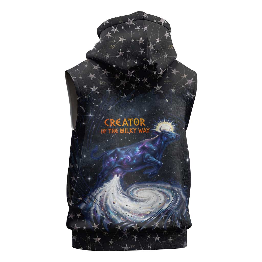 Hesat Solar Horn Symbol Sleeveless Hoodie Egyptian Cosmic Cow in Starry Milky Way