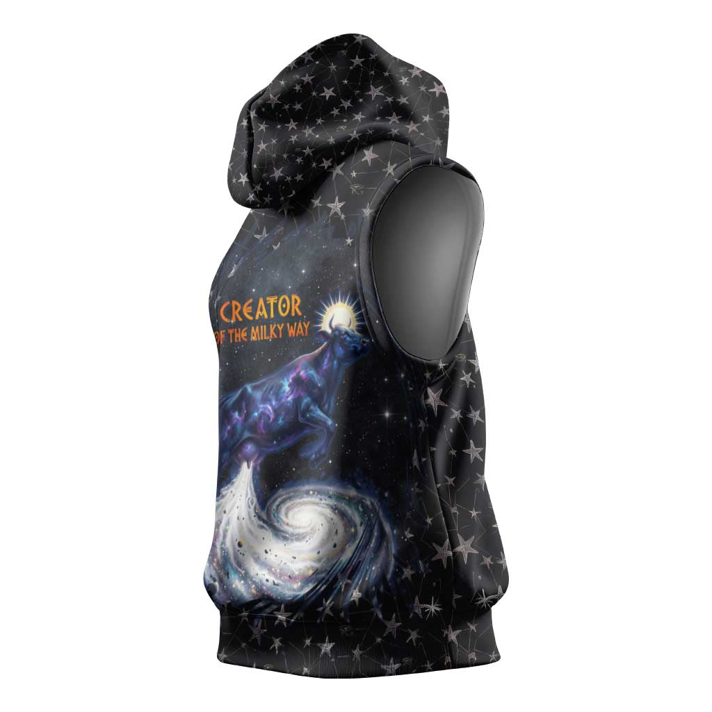 Hesat Solar Horn Symbol Sleeveless Hoodie Egyptian Cosmic Cow in Starry Milky Way