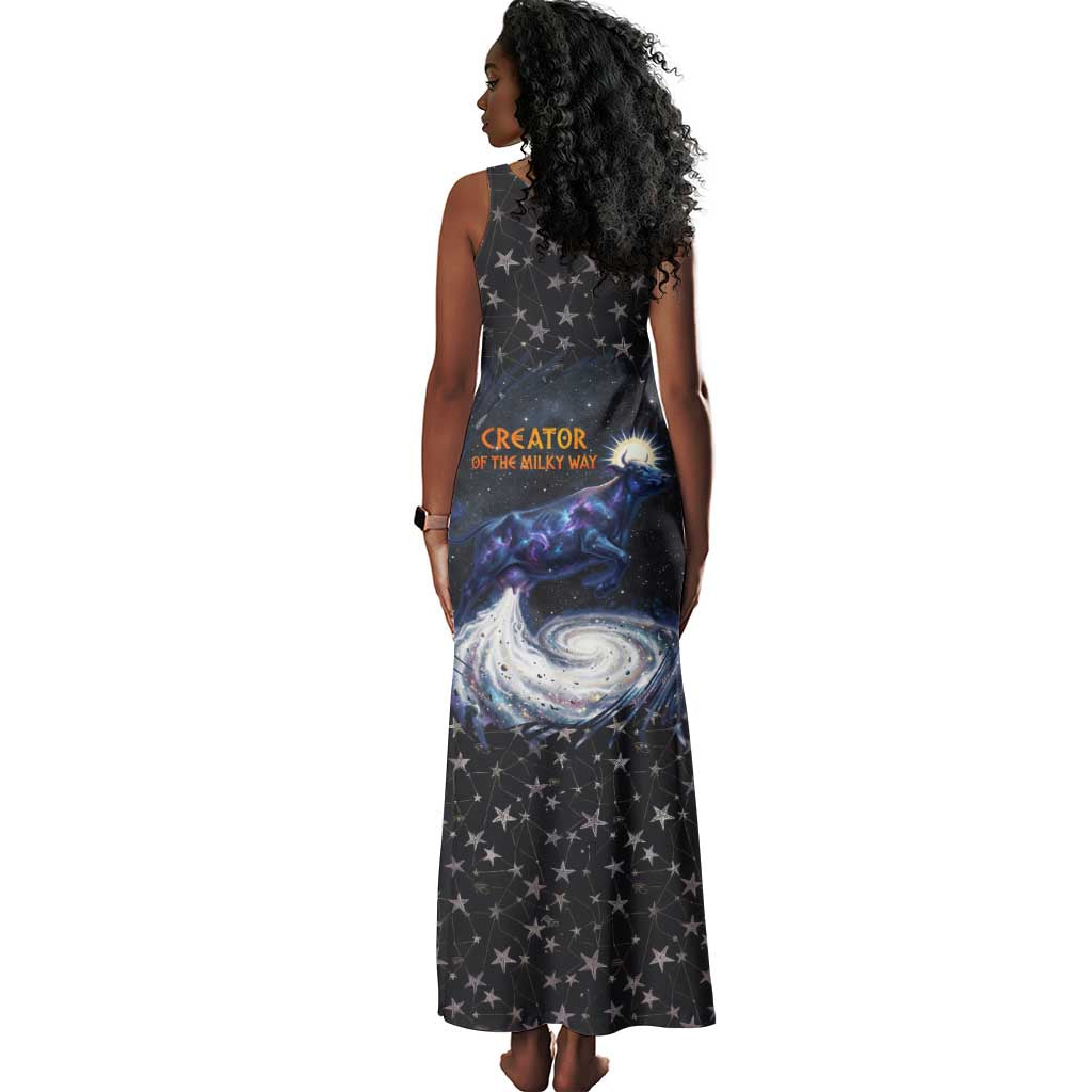 Hesat Solar Horn Symbol Tank Maxi Dress Egyptian Cosmic Cow in Starry Milky Way