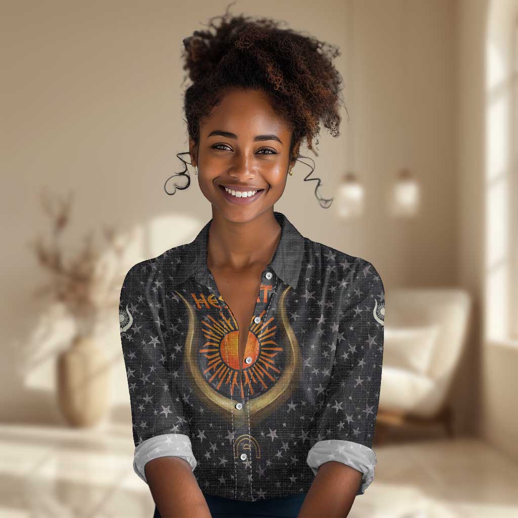 Hesat Solar Horn Symbol Women Casual Shirt Egyptian Cosmic Cow in Starry Milky Way