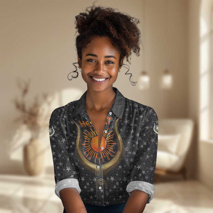 Hesat Solar Horn Symbol Women Casual Shirt Egyptian Cosmic Cow in Starry Milky Way