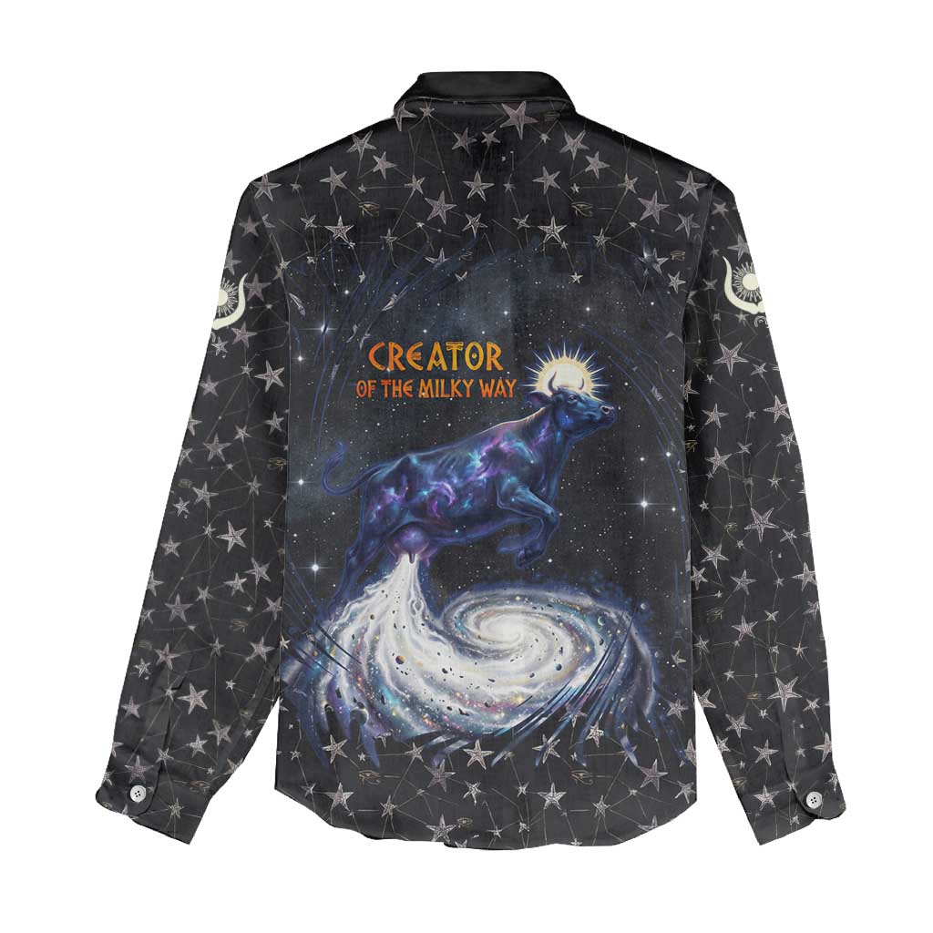 Hesat Solar Horn Symbol Women Casual Shirt Egyptian Cosmic Cow in Starry Milky Way