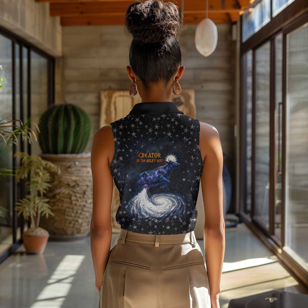 Hesat Solar Horn Symbol Women Sleeveless Polo Shirt Egyptian Cosmic Cow in Starry Milky Way