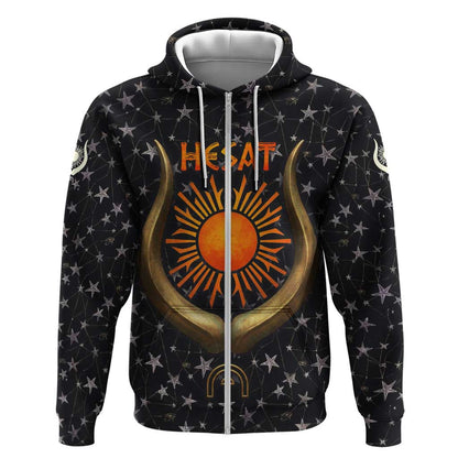 Hesat Solar Horn Symbol Zip Hoodie Egyptian Cosmic Cow in Starry Milky Way