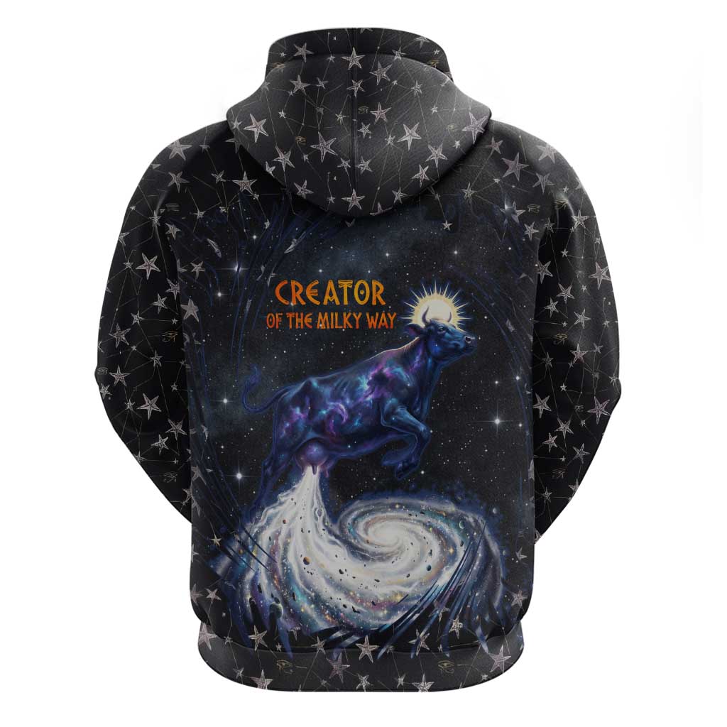 Hesat Solar Horn Symbol Zip Hoodie Egyptian Cosmic Cow in Starry Milky Way