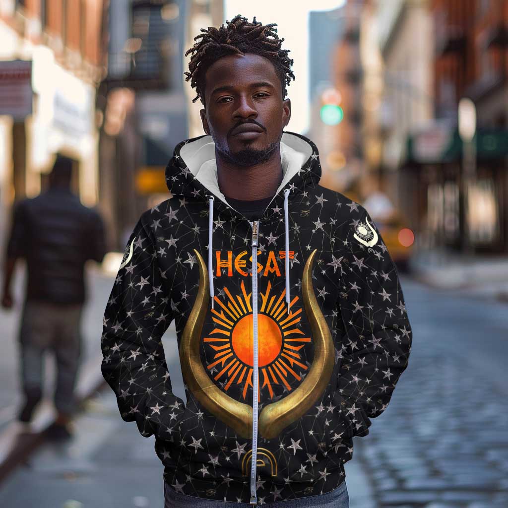 Hesat Solar Horn Symbol Zip Hoodie Egyptian Cosmic Cow in Starry Milky Way