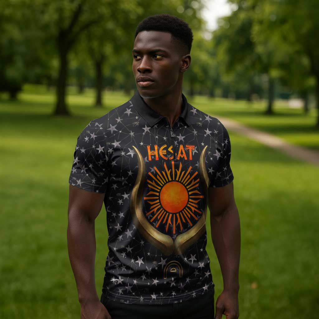 Hesat Solar Horn Symbol Zipper Polo Shirt Egyptian Cosmic Cow in Starry Milky Way
