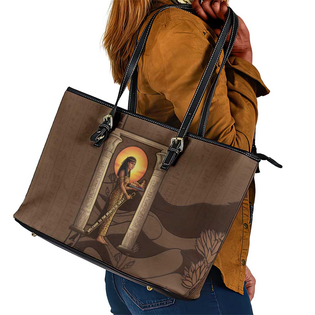Imenet Sunlit Temple Columns Leather Tote Bag with Ancient Egyptian Offering Scene