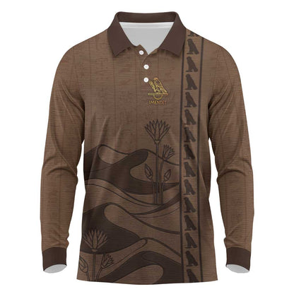 Imenet Sunlit Temple Columns Long Sleeve Polo Shirt with Ancient Egyptian Offering Scene