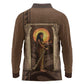 Imenet Sunlit Temple Columns Long Sleeve Polo Shirt with Ancient Egyptian Offering Scene