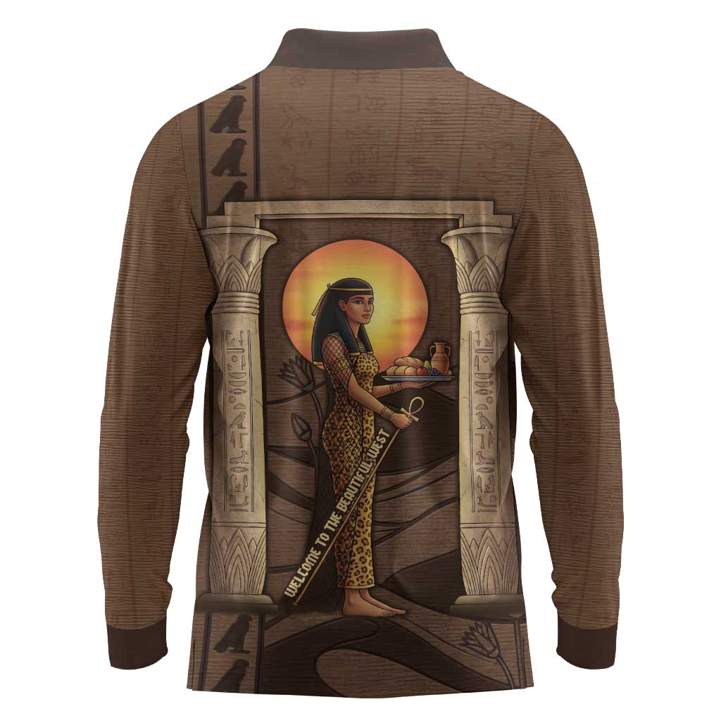 Imenet Sunlit Temple Columns Long Sleeve Polo Shirt with Ancient Egyptian Offering Scene
